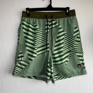 NEFF Men Large Swim Trunks Green Geometric Abstract Stripe Board Short L Pockets